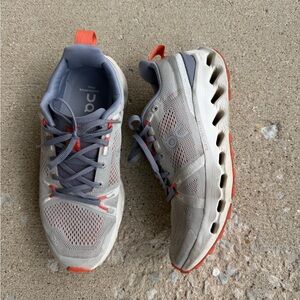 On Running Light Gray and Coral Running Shoes